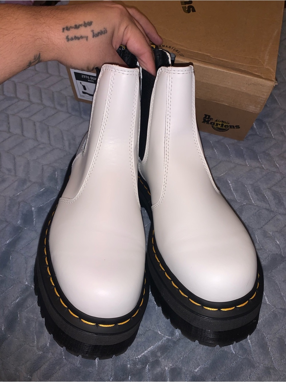 Dr. Martens White Chelsea Lug Boots with Yellow Stitching